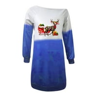 Guvpev Женски ежедневен коледна коледна печат кръгла шия пуловер рокля с дълъг ръкав коледни костюми за жени - Blue M