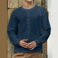 мъжки ризи мъжки Плътен цвят Топ риза кръг врата риза хлабав дълъг ръкав Мода случайни блуза Топ елегантна риза мъжки ризи Тъмно синьо + л