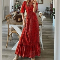 Дамски летни рокли ретро печатни ежедневни в-врата Висока талия къс ръкав Суинг А-линия разрошване подгъва Макси дълга рокля червен ШЛ