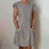 Lhked плюс размер рокли за женския нов солиден бутон Двоен джобен контраст кръгла шия рокля на клирънс