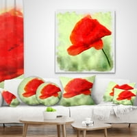 Дизайнарт голям червен Мак цвете акварел - флорална възглавница хвърляне-18х18