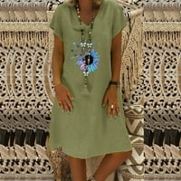 Рокли за жени елегантна мода хлабав врат лято печат къс ръкав памук бельо рокля плаж ваканция слънце рокля зелен хл
