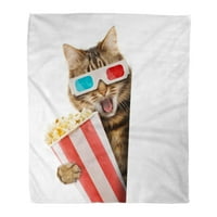 Хвърлете одеяло червено филмово кино котка в 3D очила пуканки кошница царевица топло фланелно меко одеяло за диван диван легло