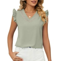 Женска блуза за шиф на шията, елегантна ръба с къс ръкав лятна блуза риза дантела деколте чист цвят просто модно за запознанства за пазаруване