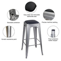 Дизайн група сребърни безопастни Метални бар столове с ПУ кожена седалка,комплект от 6 броя