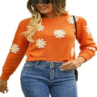 Женски размит екипаж на Crewneck Scroped пуловер сладък маргаритка пуловер с дълъг ръкав пуловер пуловер оранжев m