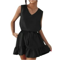 Женски плюс размер рокля мода лято V Врат Сълвито цвят Ръфлес Еластична рокля на талията на талията черно 8