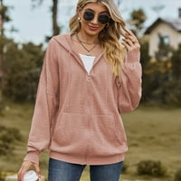 Качулки с цип за жени v шия с дълъг ръкав твърд цвят пуловер с цип свободен топ женски суичър розов 2xl