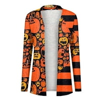 Жилетка за жени Лек отворен преден ежедневен Хелоуин печат средна дължина дълги ръкави върхове палто оранжево s