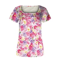 Женска модна ежедневна квадратна шия флорален принт с тениска с къс ръкав