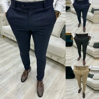 Модни мъже редовен разтягане ежедневен бутон Slim Fit Business Trower Suit Pants Navy Blue 2XL