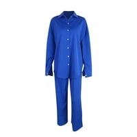 Deholifer Небрежни панталони за жени с висока талия плътна цветова разхлабена риза широк панталон за крака с дълъг ръкав костюм синьо 3xl