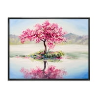 Дизайнарт 'Ориенталска Череша Розово Дърво Сакура На Езерото' Езеро Къща Рамка Платно Стена Арт Принт