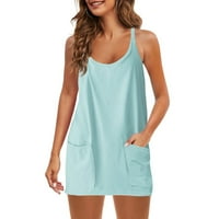 Женски разхлабена прашка Pocket основен разчистен рокля лято Scroop Neck Ress Solid Trendy без ръкави Небрежна риза Светло синьо m