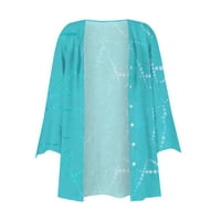 Apepal Fashion женски флорален принт пух ръкав кимоно жилетка свободен шифон покрива ежедневни блузи върхове циан l