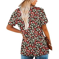 Женски лятна туника кръгла шия флорален отпечатани тениски ежедневни къси ръкави блуза плифицирани върхове с подгъва