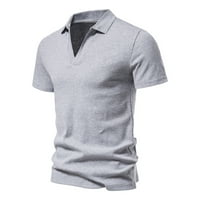 Модна мъжки ежедневни тънки якички от яка твърд цвят с къс ръкав върхове блуза памучни тениски за мъже ризи с копче, сиво, 3xl