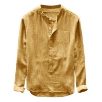 B91XZ Мъжки ризи памук зимен топ мода и блуза бутон Есен ръкав Небрежно дълги мъжки мъже ризи жълти, размер l