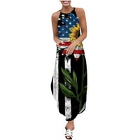 Жени бохо халтер макси рокли Лятна ежедневна свободна слънчева дрес Американски флаг отпечатана туника дълги рокли M-3L