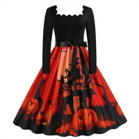 Апепал Дамска Мода печат дълъг ръкав квадрат врата Случайни Хелоуин подгъва рокля червен хл