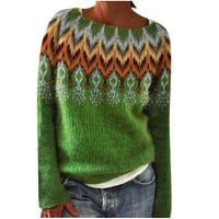 Zunfeo пуловер за жени- плетани върхове реколта дълъг ръкав отпуснат приготен екипаж отпечатан пуловер Небрежен есенни върхове зелени xxxxl