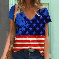Женско ръчно рисувана американска флаг риза v Врат тениска пуловер с къси ръкави върхове за независимост ден риза