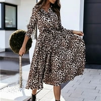 Плюс размери рокли за жени Clearance Модна секси отпечатана дълга рокля яка яка единична леопардова рокля
