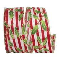 Хартия Коледа блясък панделка, Холи смокинг ивица панделка, крем & червено, 2.5 в 20Д, 1 пакет